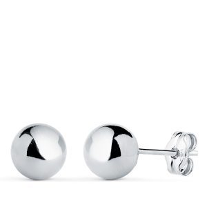 18K PENDIENTES ORO BLANCO BOLA LISA BRILLA HUECA. ANCHO: 7 MM. CIERRE PRESION