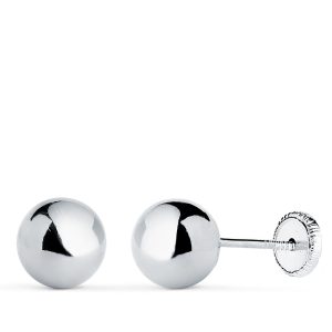 18K PENDIENTES ORO BLANCO BOLA LISA BRILLA HUECA. ANCHO: 7 MM. CIERRE TUERCA