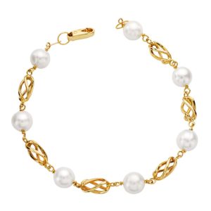18K PULSERA ORO AMARILLO PERLA REDONDAS DE 8 MM Y JAULAS DE ORO 19CM