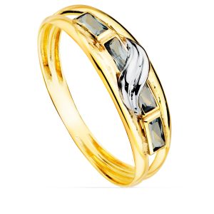 9K SORTIJA ORO BICOLOR DOBLE CUERPO CON CIRCONITAS COLOR AGUAMARINA BAGUETTE. ANCHO 6 MM