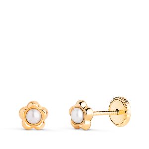18K PENDIENTES ORO AMARILLO FLOR CON PERLAS DE 2,4MM. MEDIDA: 5,3 X 5MM. CIERRE TUERCA