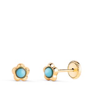 18K PENDIENTES ORO AMARILLO FLOR CON TURQUESAS DE 2,4MM. MEDIDA: 5,3 X 5MM. CIERRE TUERCA