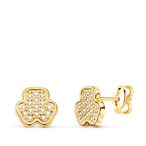 18K PENDIENTES ORO AMARILLO TREBOL CON CIRCONITA 7X6,5 MM. CIERRE PRESION