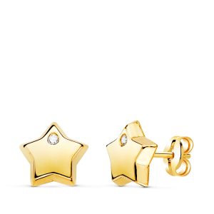 18K PENDIENTES ORO AMARILLO CON ESTRELLA Y CIRCONITA BRILLO 8X8 MM. CIERRE PRESION