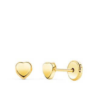 18K PENDIENTES ORO AMARILLO CORAZON LISO EN BRILLO 4X4 MM. CIERRE TUERCA