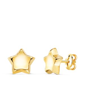 18K PENDIENTES ORO AMARILLO ESTRELLA CONCAVO EN BRILLO 8X8 MM. CIERRE PRESION