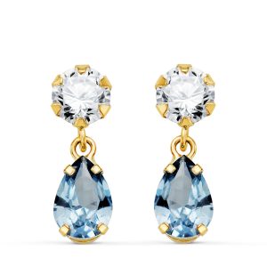 18K PENDIENTES ORO AMARILLO DOS CUERPOS CON CIRCONITA Y AGUAMARINA LAGRIMA 16 X 5MM. CIERRE PRESION