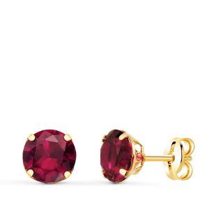 18K PENDIENTES ORO AMARILLO REDONDOS PIEDRA ROJA 6 MM. CIERRE PRESION