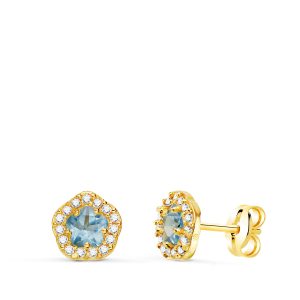 18K PENDIENTES ORO AMARILLO FLOR CIRCONITA Y AGUA MARINA 7 X 6,5 MM. CIERRE PRESION