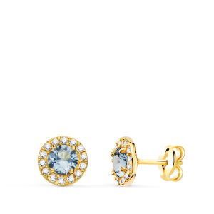 18K PENDIENTES ORO AMARILLO REDONDOS CIRCONITA Y AGUA MARINA 6,5 MM. CIERRE PRESION