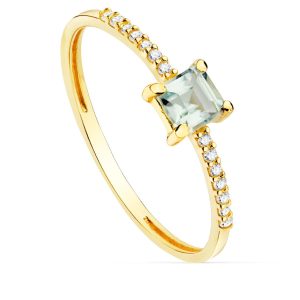 18K SORTIJA ORO AMARILLO 14 DIAMANTES 0,070 QTS. G-VS2 AGUAMARINA 4X4 MM ANCHO 1 MM