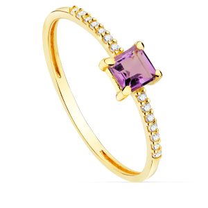 18K SORTIJA ORO AMARILLO 14 DIAMANTES 0,070 QTS. G-VS2. AMATISTA 4X4 MM CUERPO 1 MM