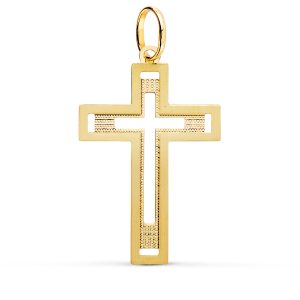 18K CRUZ ORO AMARILLO SIN CRISTO TALLADA Y MATIZADA 35X22 MM