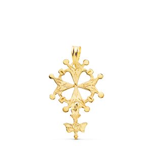 18K CRUZ DE HUGUENOTTE ORO AMARILLO CON PALOMA. 28 X 17 MM