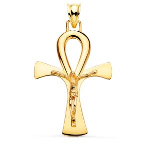 18K CRUZ DE LA VIDA ORO AMARILLO CON CRISTO EN BRILLO 36 X 23 MM